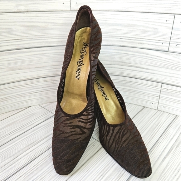 Vintage Yves Saint Laurent Velvet and Mesh Stripe Heeled Pumps in Brown Size 8.5 - Picture 1 of 9